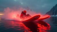 art by Leszek Bujnowski and Jacques Henri Lartigue, photograph, Luminous Muscle car Water skis , Very wide view