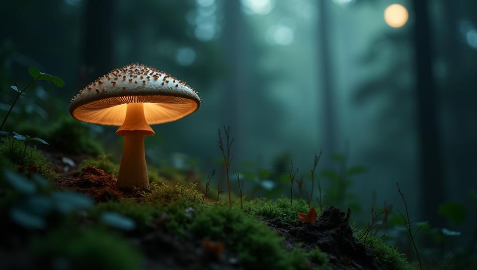 photograph, cinematic shot of a Mushroom , jungle, soft focus