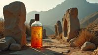 art by Joseph Beuys , photograph, Enthralling Tremendous Rune stones Potion bottle , in a Inca setting