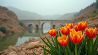 photograph, medium shot of a Inspired Vibrant Iraqi leeks , Aqueduct in background, spring lava pit