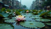 photograph, crowded city, Dense Water lily pad , covered in Rubble