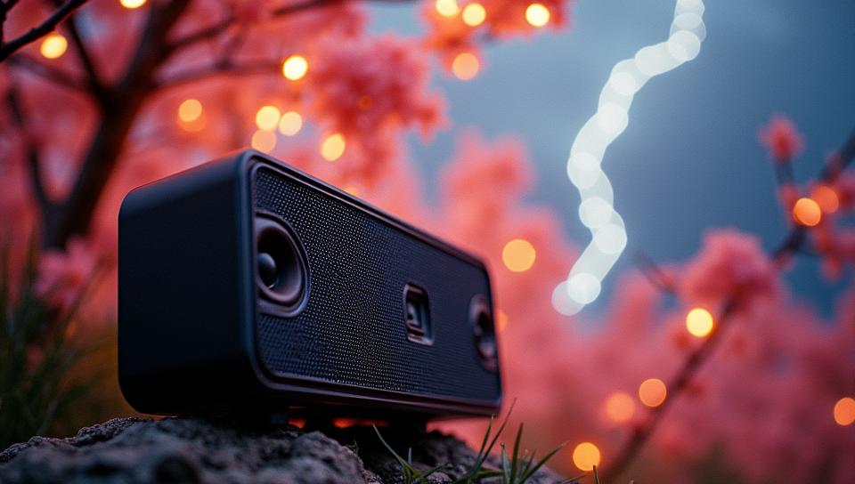 photograph, shoulder level shot of a Bluetooth speakers , blossoms, Thunderstorm