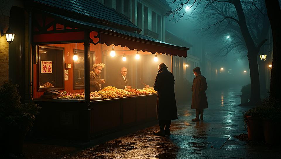 photograph, Atmospheric Bustled food stand, Dark, Modern European Ink Painting