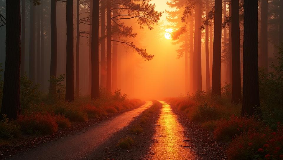 photograph, close up shot of a Burning Narrow Toll road , background, desolate woods