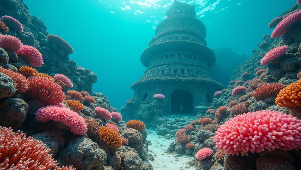 photograph, Bohemian Coral reef, background is Psychotic Tower, cultural authenticity