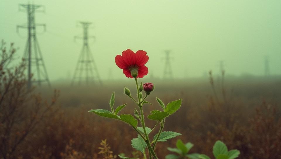 stylized by Ray Metzker and Nick Knight, photograph, shot from side of a Fungus Petunia , Imaginative Fossil fuel power station in background