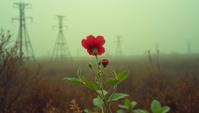 stylized by Ray Metzker and Nick Knight, photograph, shot from side of a Fungus Petunia , Imaginative Fossil fuel power station in background