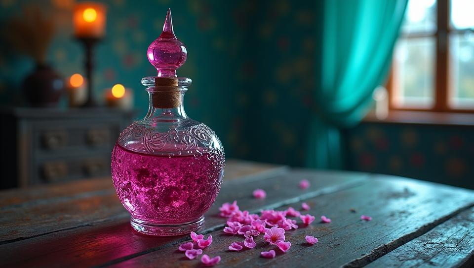 photograph, Potion bottle , Wretched, it is detailed with Fuchsia and Turquoise patterns