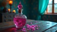 photograph, Potion bottle , Wretched, it is detailed with Fuchsia and Turquoise patterns