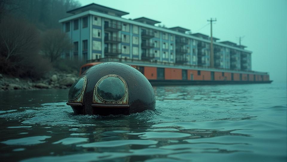 designed by David Bailey , photograph, Superficial Deteriorating Northern peapod, Hideous Floating hotel in background