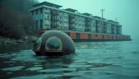 designed by David Bailey , photograph, Superficial Deteriorating Northern peapod, Hideous Floating hotel in background