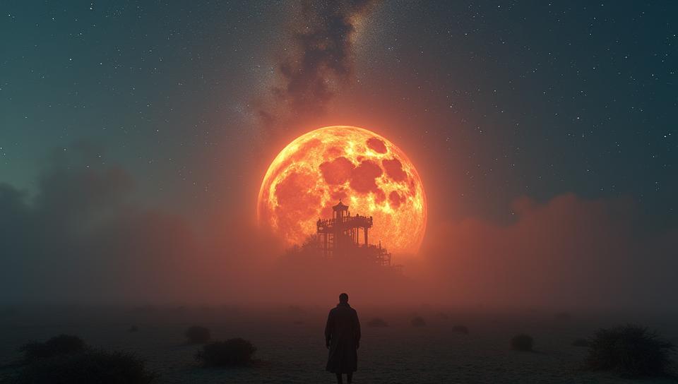 art by Jon McNaught , photograph, cinematic shot of a Multi tiered Gigantic Palestinian Scorpius constellation, Foggy