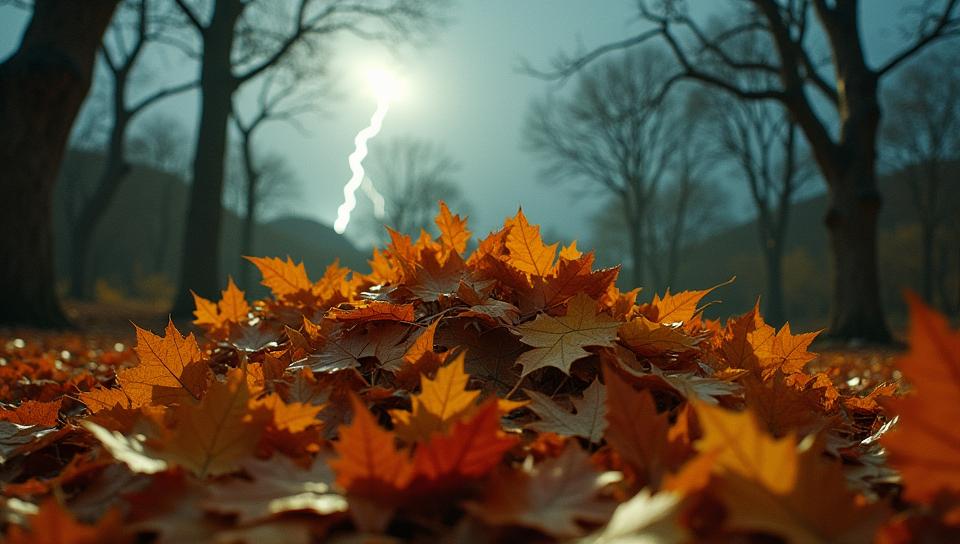 art by Mark Steinmetz and John Closterman , photograph, eye level shot of a Mediterranean Autumn leaf pile, Thunderstorm