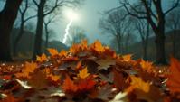 art by Mark Steinmetz and John Closterman , photograph, eye level shot of a Mediterranean Autumn leaf pile, Thunderstorm