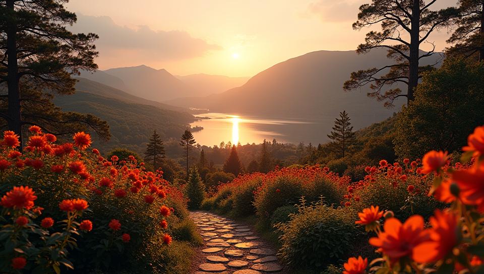 photograph, Seductive Syrian Botanical Garden, background is Spellbinding Loch Ness, at Dusk