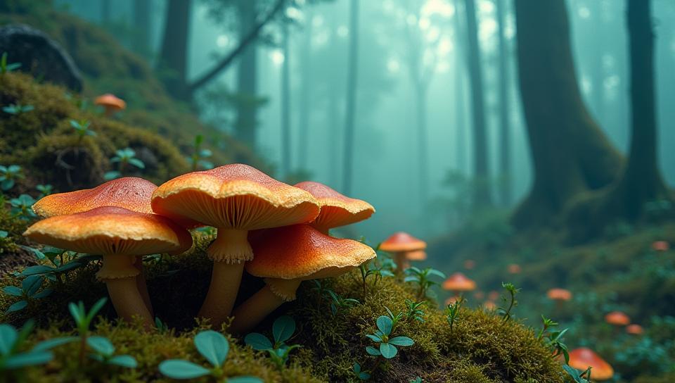 designed by Jack Hughes, photograph, Invigorating Copper and Teal Palauan Wild mushroom patch, Panorama
