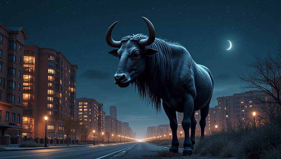 photograph, Sharp Black mouthed Museum Taurus constellation , desolate cityscape, Cold Lighting