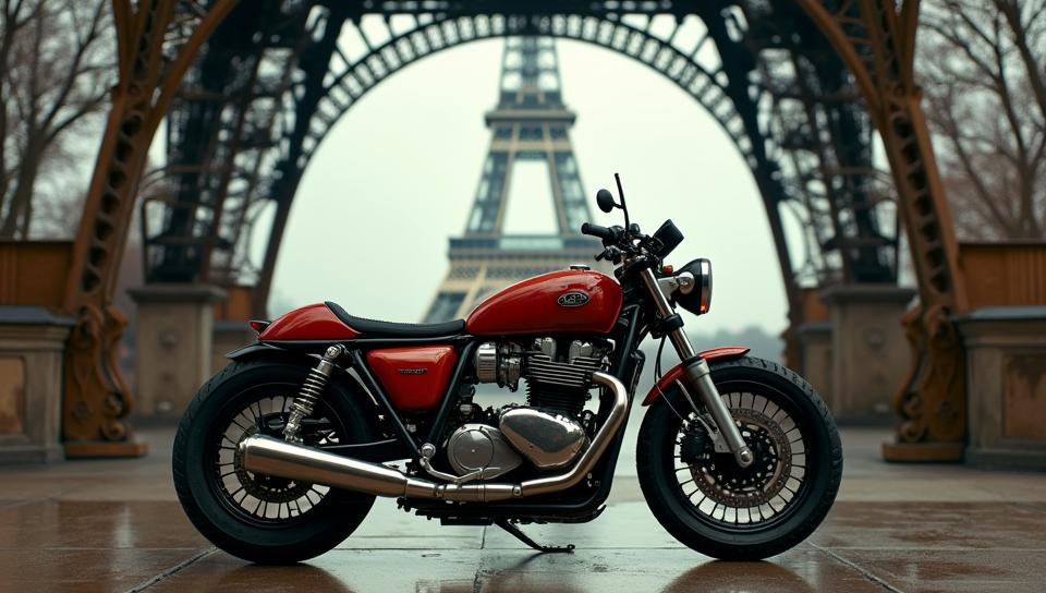 photograph, Studio shot of a Voluminous Motorcycle, made from Hazel, inside of a Lifelike Eiffel Tower