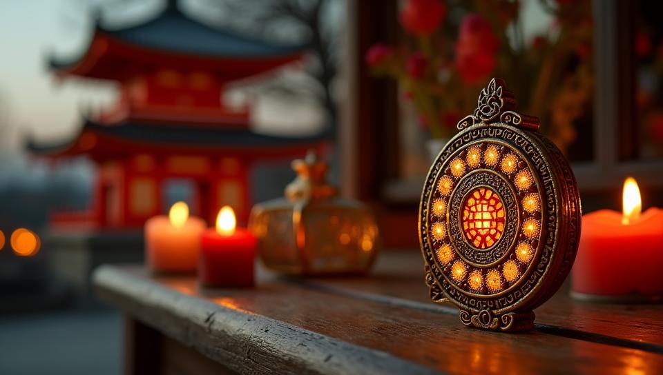 photograph, Realistic Tremendous Amulet , detailed with Squares patterns, Pagoda in background