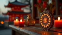 photograph, Realistic Tremendous Amulet , detailed with Squares patterns, Pagoda in background