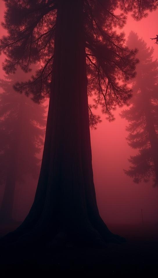 photograph, Soothing Redwood tree, covered in Fog, Raining