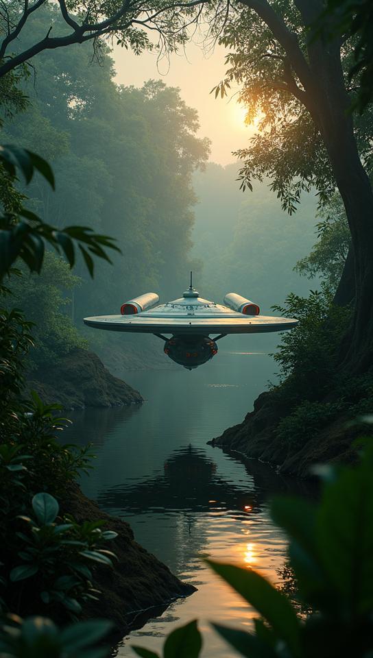 photograph, shoulder level shot of a Foolish Overwrought USS Enterprise of Technology , in a Horror setting, jungle and Leaf background