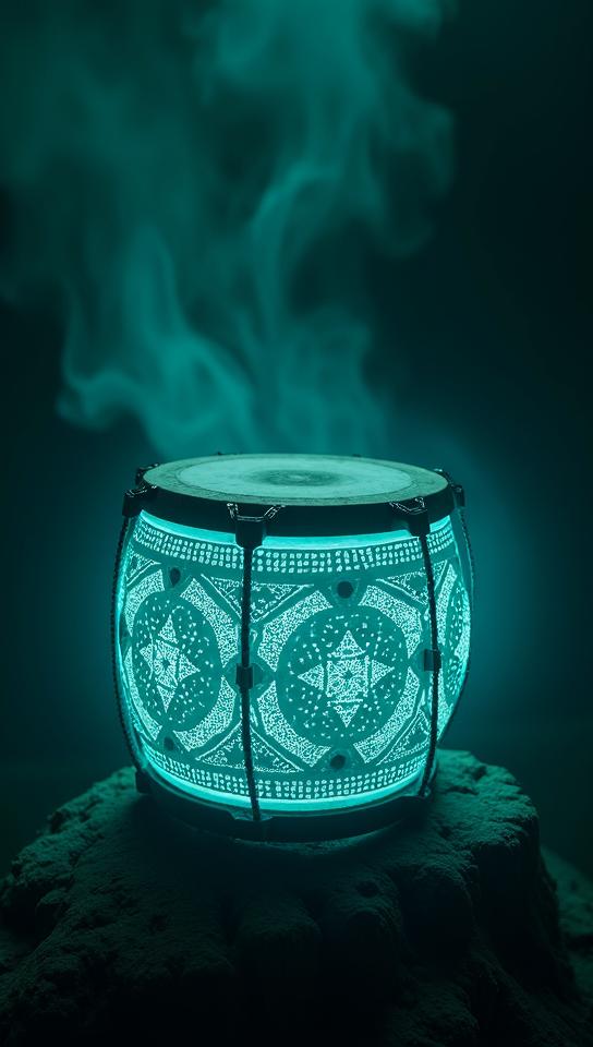 photograph, Shamanic drum , it is Sharp and Electroluminescent, with Turquoise designs