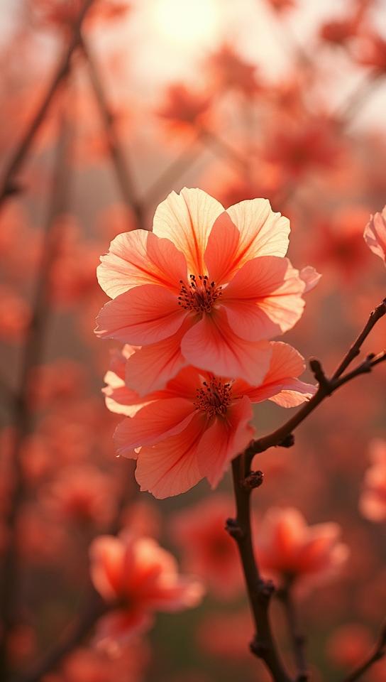 designed by David Chipperfield , photograph, Enigmatic Homeric Tangerine prune , flowers and Cherry blossom tree background
