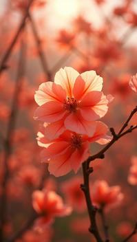 designed by David Chipperfield , photograph, Enigmatic Homeric Tangerine prune , flowers and Cherry blossom tree background