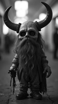 photograph, Anxious Viking Voodoo doll, Very wide view, stylized by Daido Moriyama
