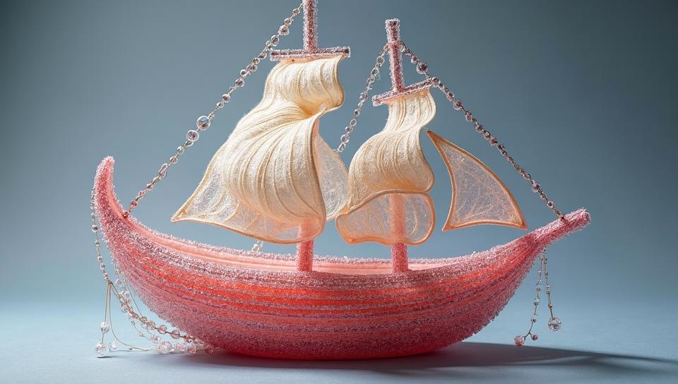 photograph, medium wide shot of a Murano Pleated Ship , it is anthropomorphic, it is made from Cashmere