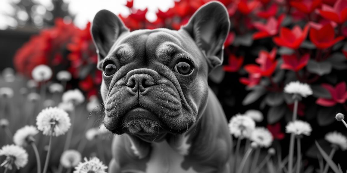 photograph, surreal, Sharp focus of a Meek Nervous French Bulldog with Bustled parts, Dandelion fluff background