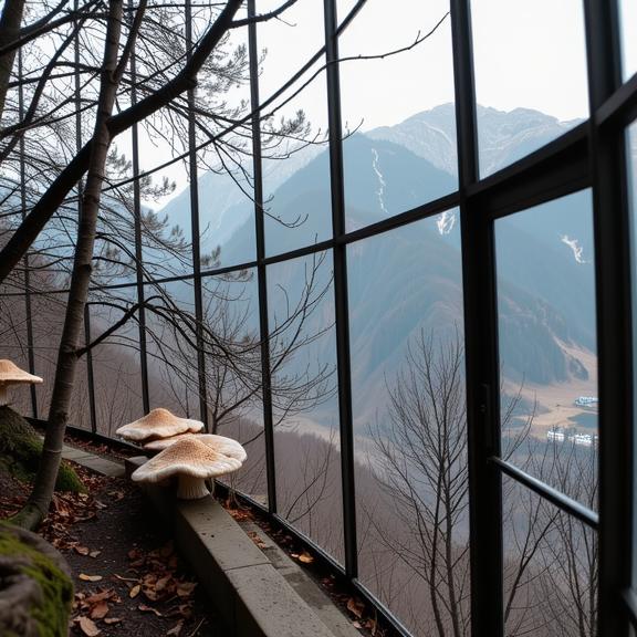 photograph, desolate foliage with Fungus, behance, landscape of a Graffiti Street Art Homely Zermatt from inside of a Celestial observatory