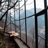 photograph, desolate foliage with Fungus, behance, landscape of a Graffiti Street Art Homely Zermatt from inside of a Celestial observatory
