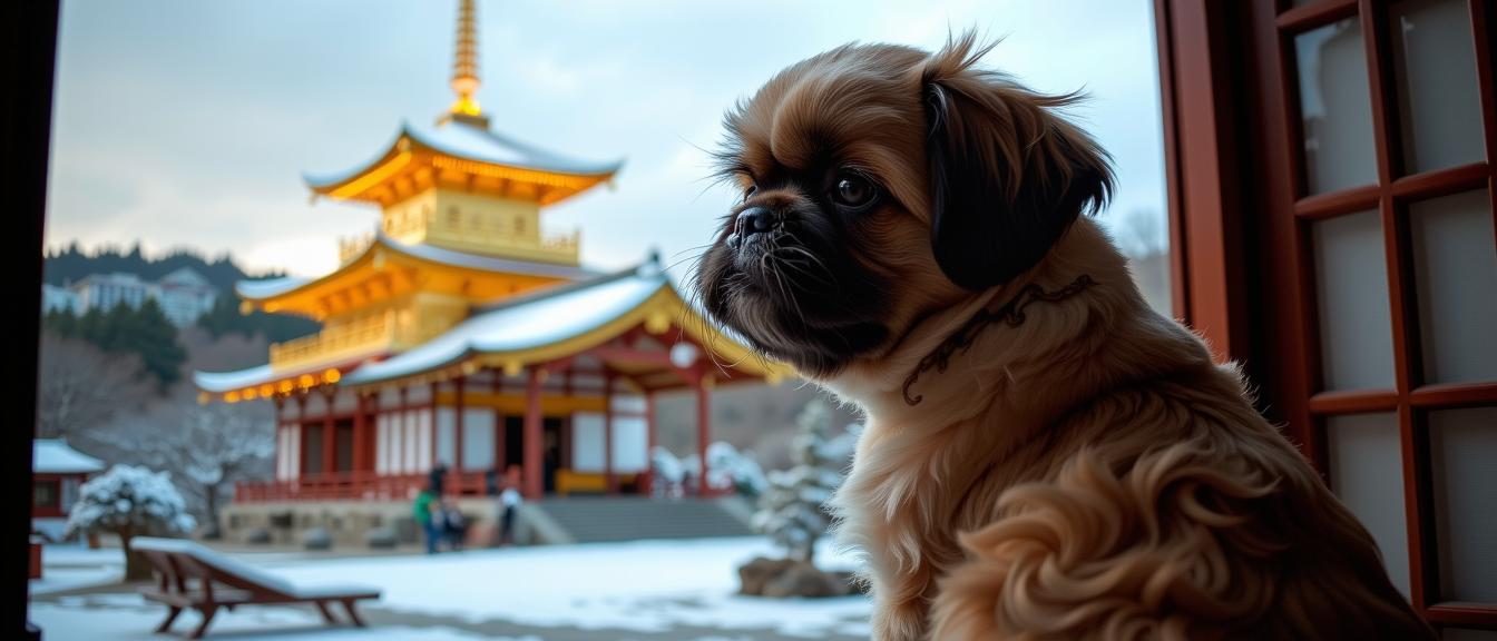 photograph, beautiful, rear angle of a Tradition bound Giant Shih Tzu Puppy , from inside of a Flaming Kinkaku ji Golden Pavilion