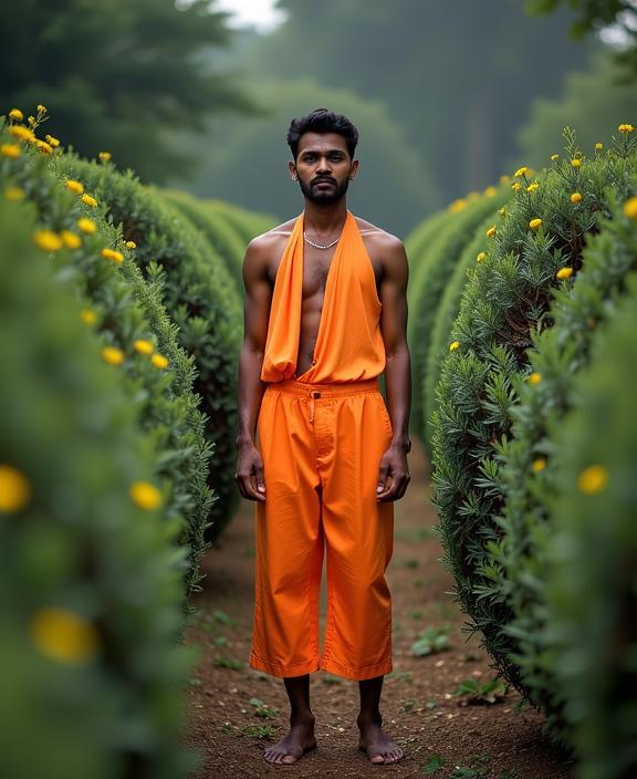 stylized by Elke Vogelsang and Isaac Cordal , photograph, soft color scheme, cinematic shot of a Pulsating Vogue fit Sri Lankan Man