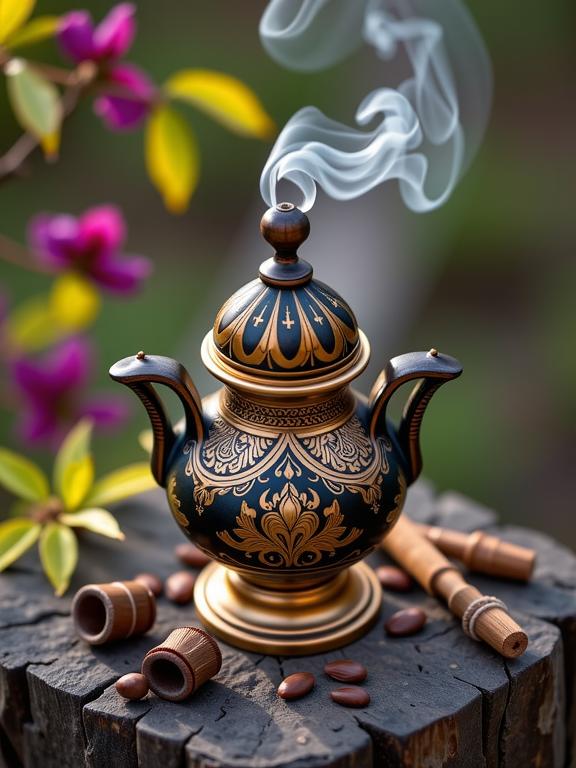 photograph, opulent, overhead angle of a Aristocratic Tribal Ukrainian Incense , it is engraved with Captivating and Rust patterns