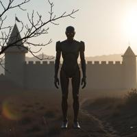 art by Jack Hughes and Daniel Jaems and William Klein , photograph, concept art, full shot of a Mecha Capricious I Am the Night Color Me Black