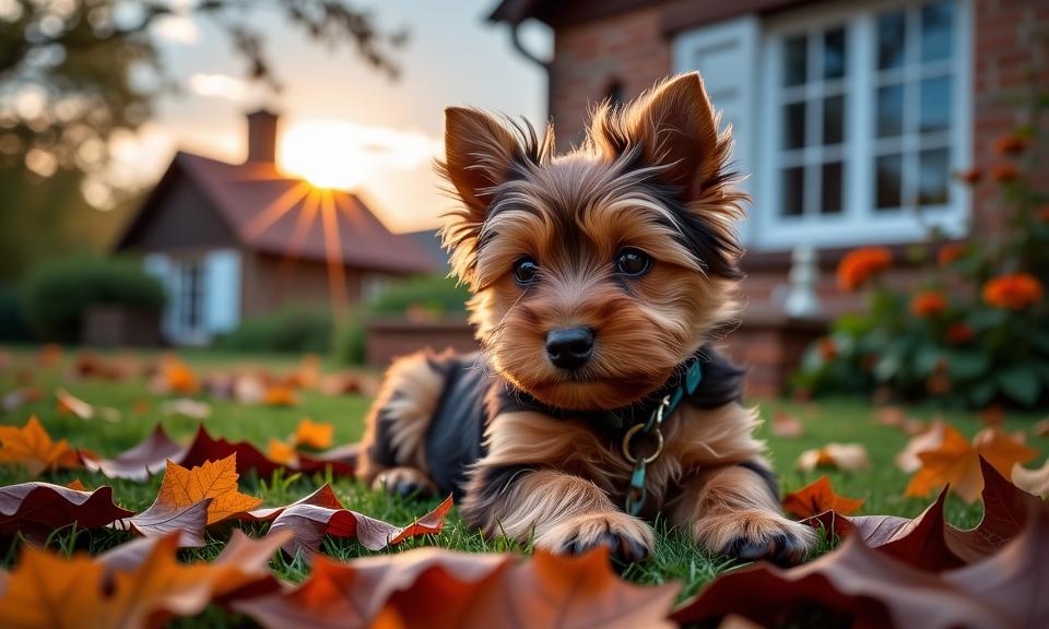 photograph, Rule of Thirds, two shot angle of a Grotesque Soothing Yorkshire Terrier Puppy , Impeccable Cottage in background