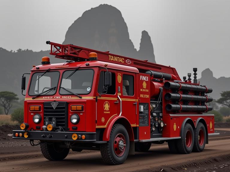 stylized by Tom Chambers and Fan Ho , photograph, stylized, zoomed out of a traditional Regency Fire truck