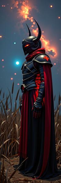 photograph, fairy tale, hip level shot of a Illuminated Gloomy The Armor of Conflux , desolate reeds and Interstellar gas in background