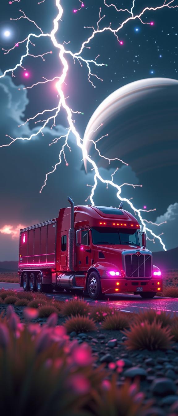 photograph, behance, long shot of a Cyberpunk Tractor trailer , the Tractor trailer is very Feathery and Caring