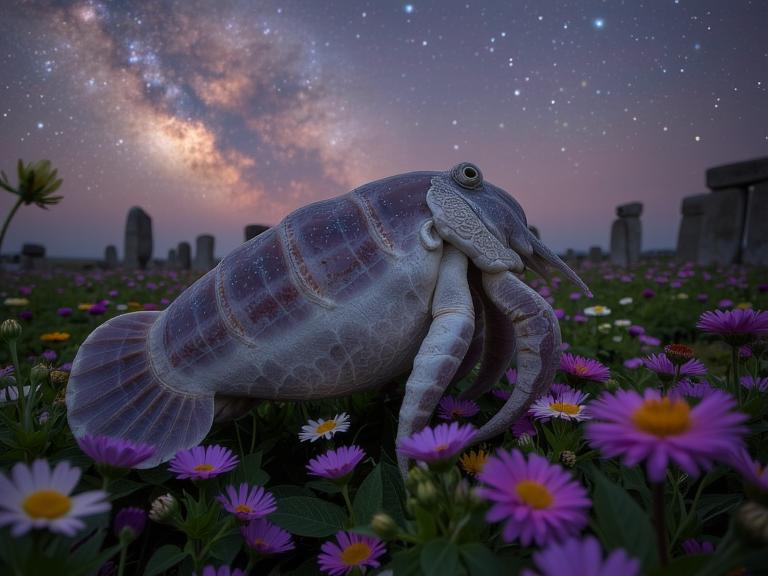 photograph, summer flower field and Star cluster in background, intricate details, body shot of a Cuttlefish imagined as a Rock pokemon