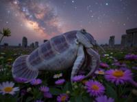 photograph, summer flower field and Star cluster in background, intricate details, body shot of a Cuttlefish imagined as a Rock pokemon