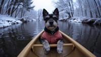 photograph, stylized, Full length frame of a Messy Kawaii well built Bosnian Miniature Schnauzer Puppy , it is driving a Canoe