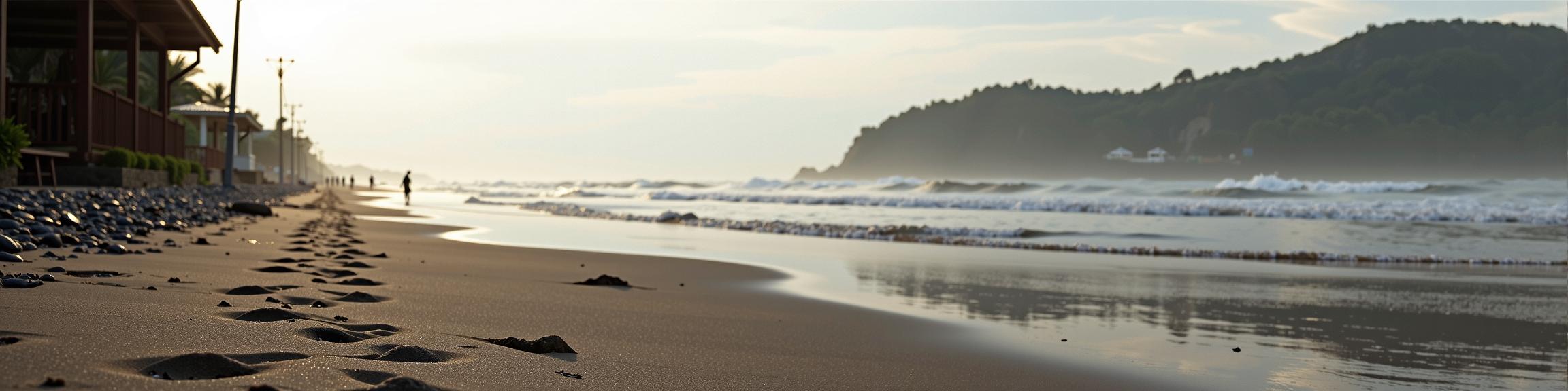 photograph, made of Gator skin, classicist portraiture, Street level shot of a Trendy Dorky Footprints on the shore