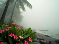 photograph, Shameful, soft focus of a Vaporwave Art Ugly The Pillars of Dismal , dense Tropical beach and flowers