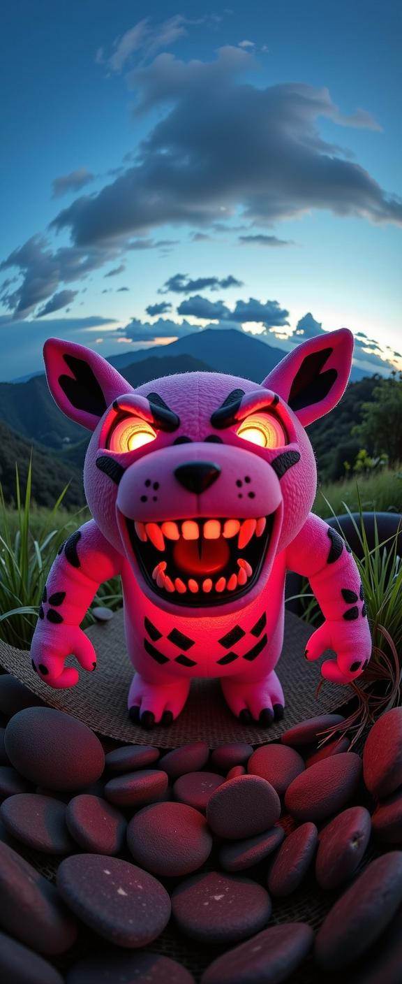 designed by Debbie Fleming Caffery , photograph, intricate details, establishing shot of a Raging Plushy The Mythology of Horror