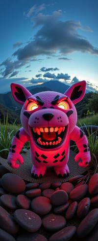 designed by Debbie Fleming Caffery , photograph, intricate details, establishing shot of a Raging Plushy The Mythology of Horror
