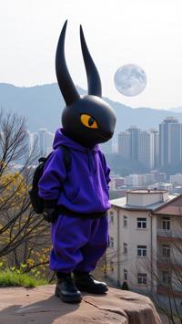 stylized by Hugh Kretschmer and Toni Frissell and Edward Steichen and Inna Mosina , photograph, masterpiece, extreme wide shot of a Trendercore Baggy dark violet Hitmonlee